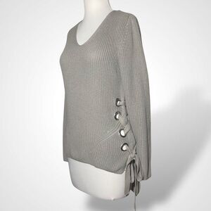 Venus Sweater Women Size M Gray High Low V Neck Cotton Blend Pullover Lace Up